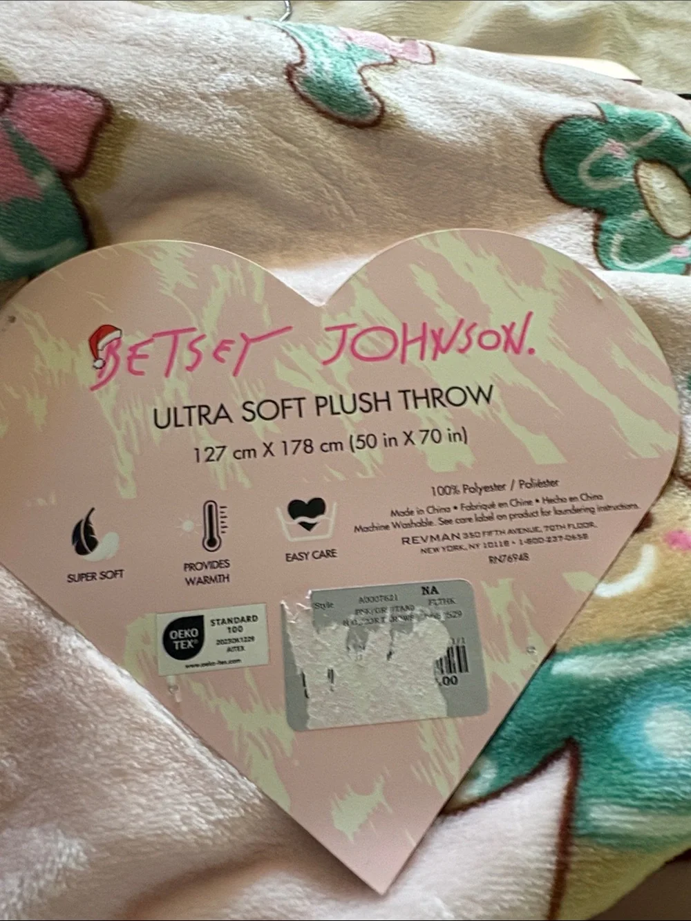 New Betsey Johnson Pink Holiday Plush Throw with Gingerbread & Candy Motifs